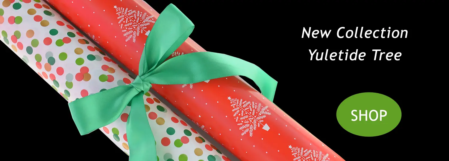 Yuletide Tree wrapping paper collection with a contrasing green satin ribbon